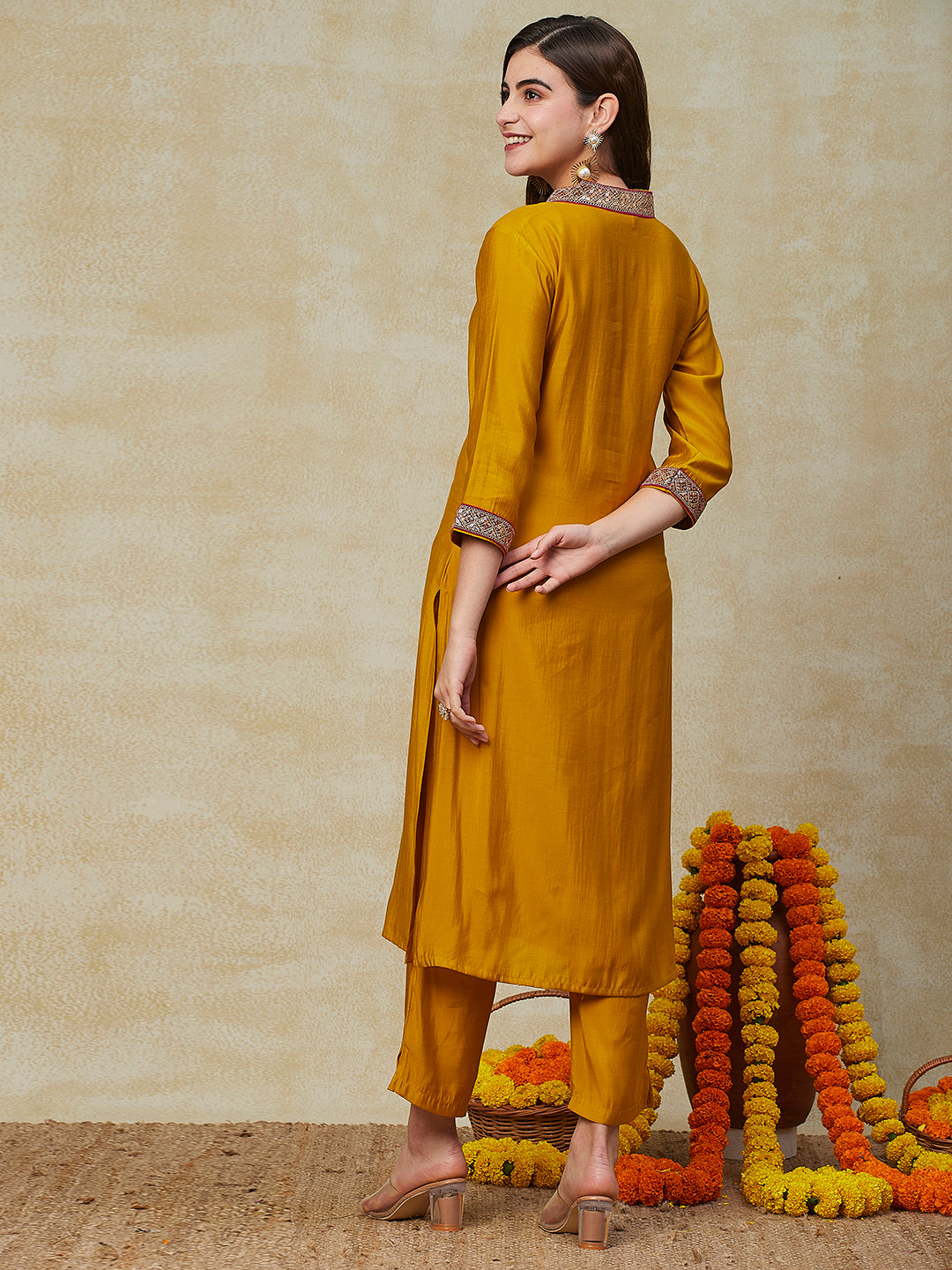 Solid Zari & Sequins Embroidered Kurta with Pants - Yellow