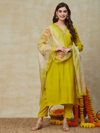 Solid Zardozi Embroidered Kurta with Pants & Floral Dupatta - Yellow