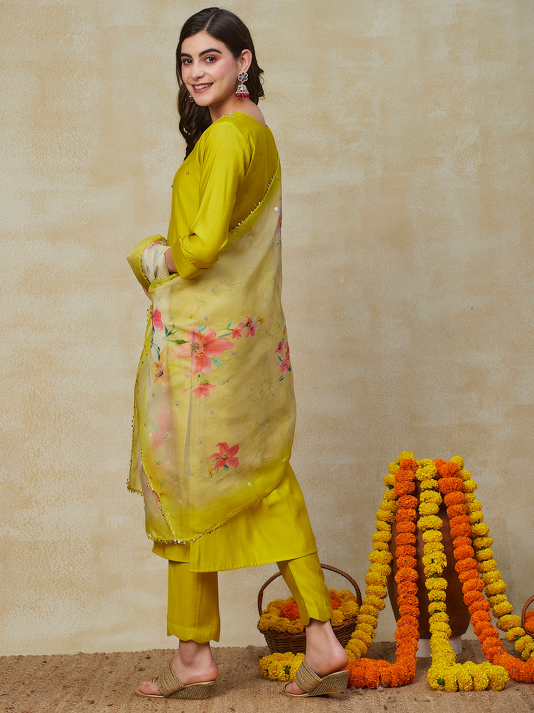 Solid Zardozi Embroidered Kurta with Pants & Floral Dupatta - Yellow