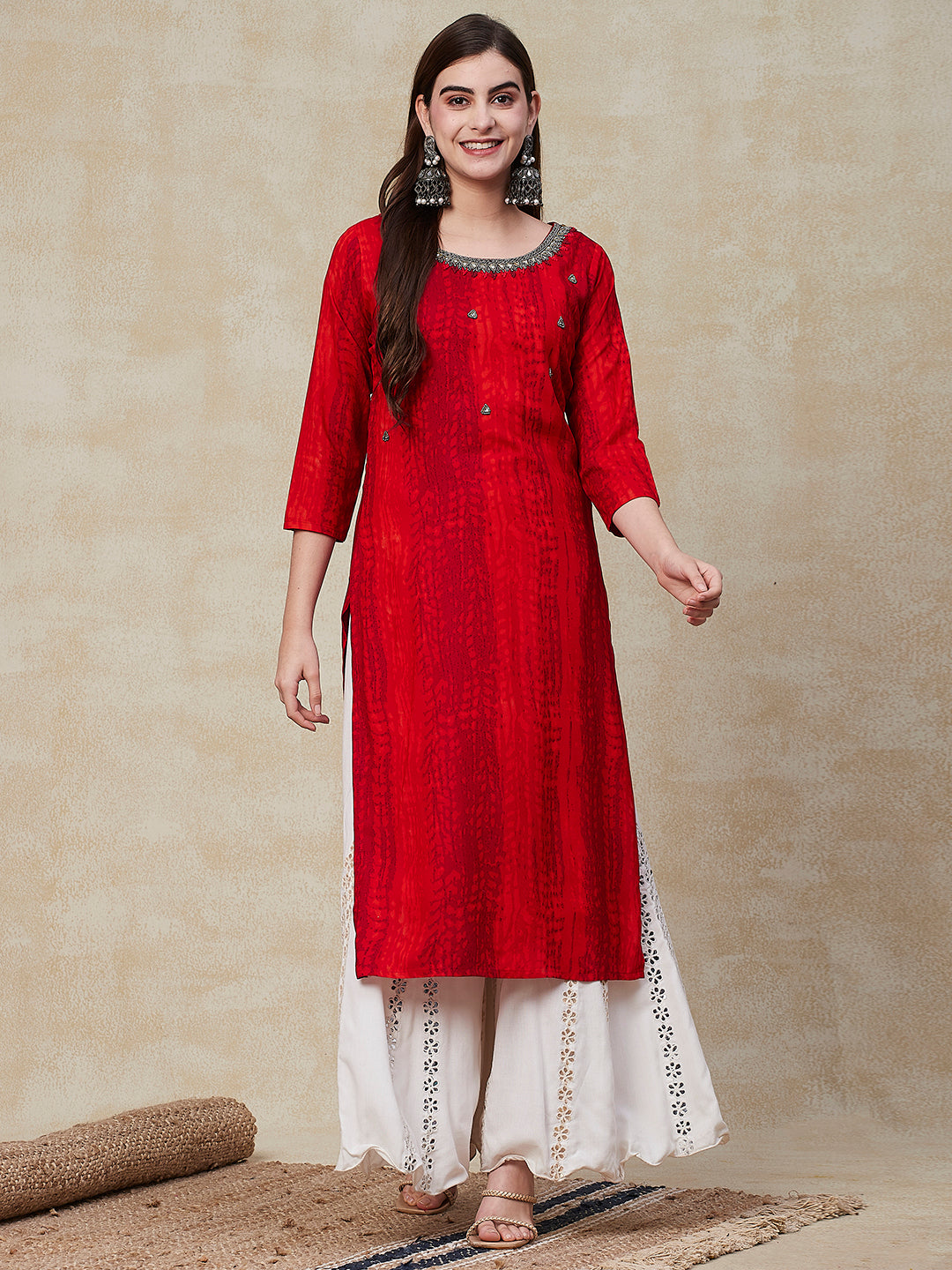 Abstract Printed Beads & Stone Embroidered Kurta - Red