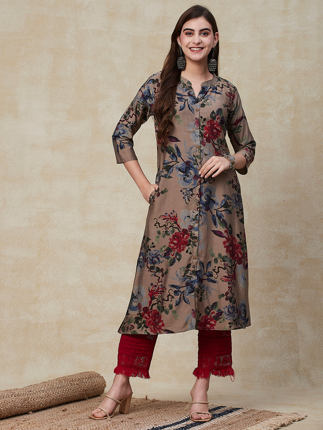 Floral Printed Wooden Buttoned A-line Kurta - Grey