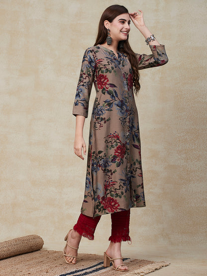 Floral Printed Wooden Buttoned A-line Kurta - Grey