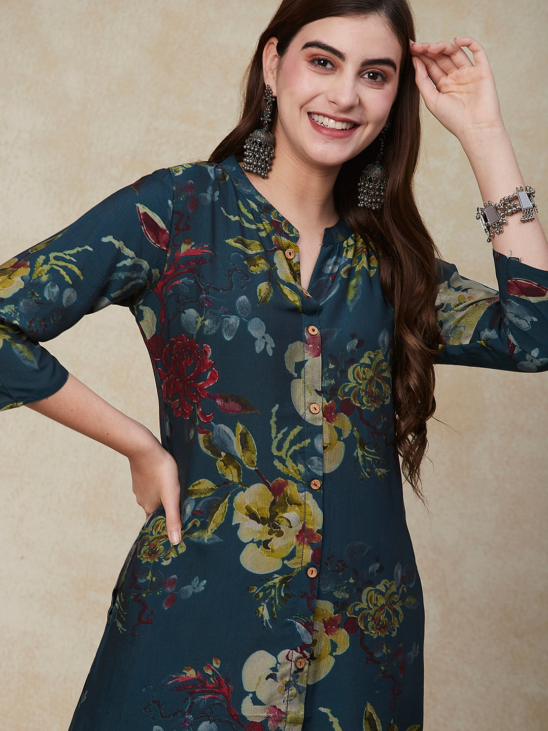 Floral Printed Wooden Buttoned A-line Kurta - Green