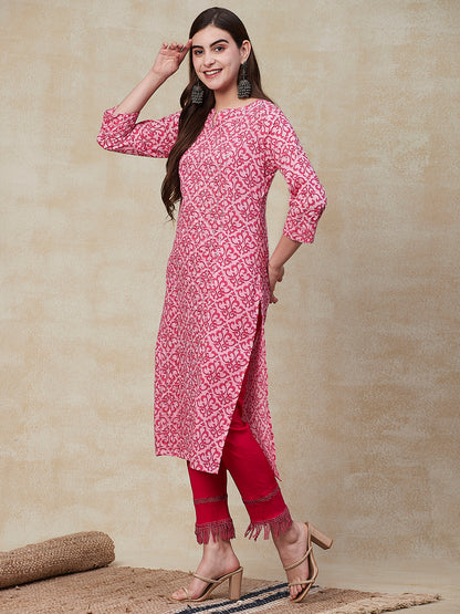Ethnic Printed Sequins & Resham Embroidered Striped Kurta - Pink