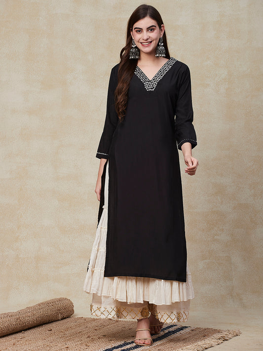 Solid Mirror, Resham & Cutdana Embroidered Kurta - Black