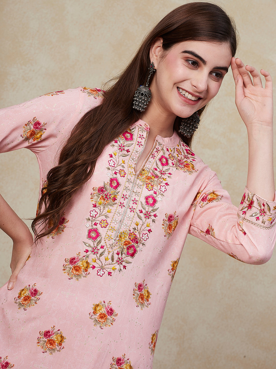 Floral Printed Sequins, Resham & Zari Embroidered Kurta - Peach