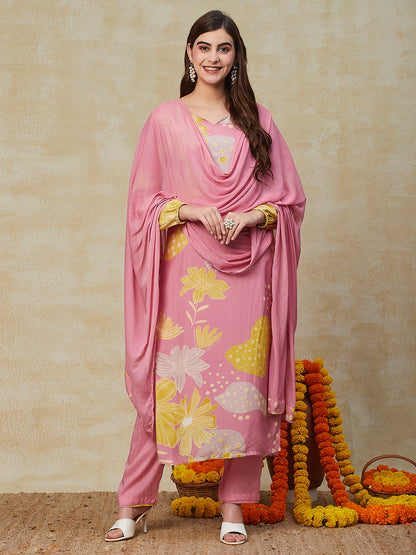 Floral Printed Beads Embroidered Kurta with Pants & Dupatta - Pink