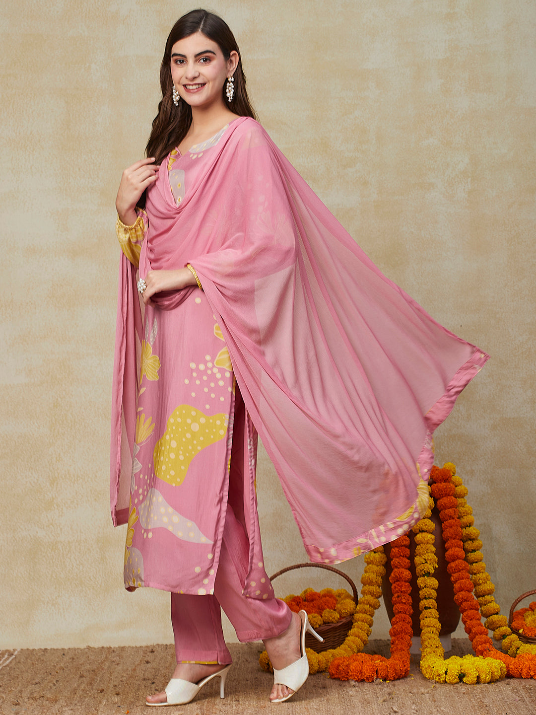 Floral Printed Beads Embroidered Kurta with Pants & Dupatta - Pink