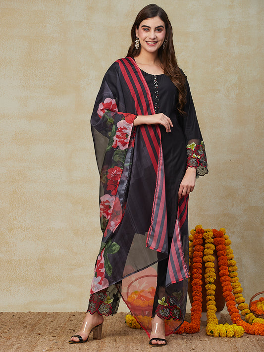 Solid Beads, Stones & Resham Embroidered Lace Work Kurta with Pants & Dupatta - Black