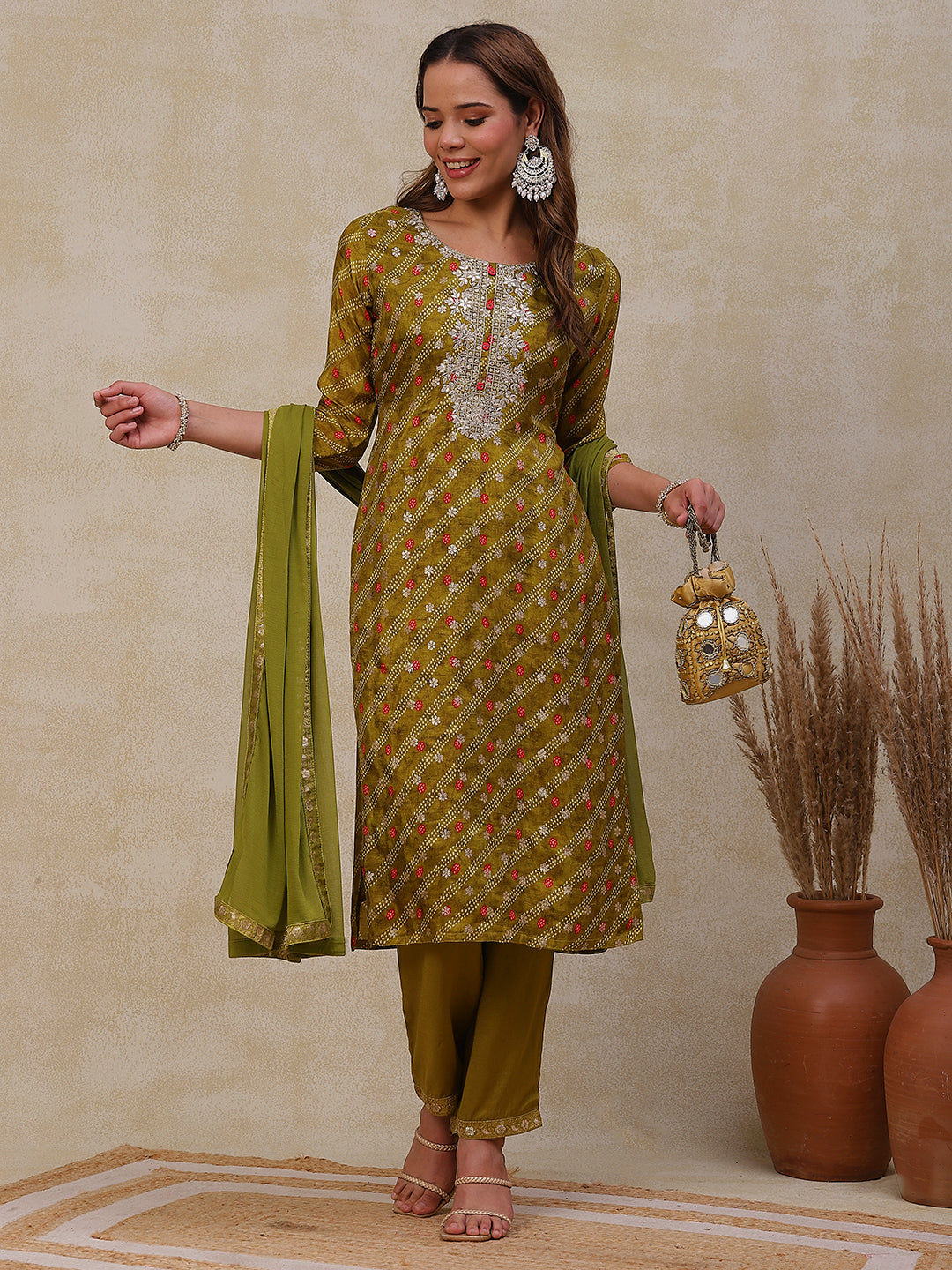 Bandhani Printed Gotapatti Embroidered Jacquard Kurta with Pants & Dupatta - Olive Green