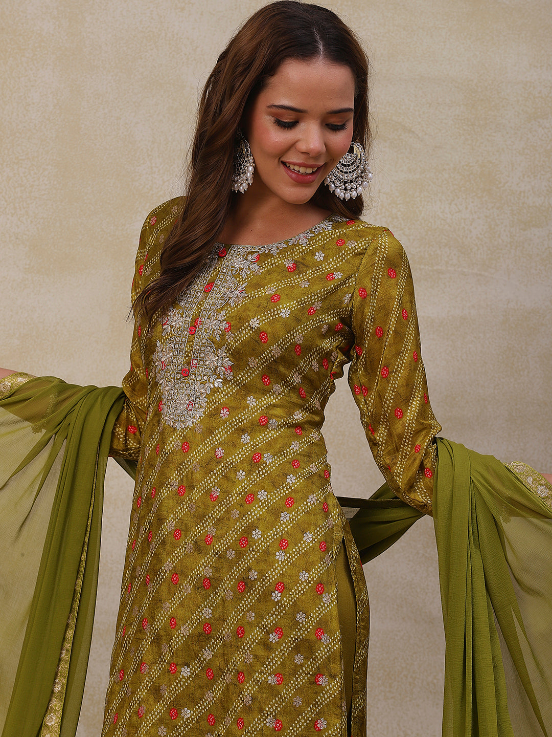 Bandhani Printed Gotapatti Embroidered Jacquard Kurta with Pants & Dupatta - Olive Green