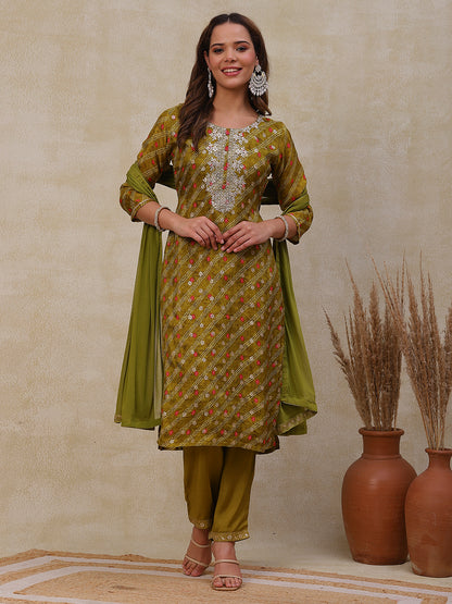 Bandhani Printed Gotapatti Embroidered Jacquard Kurta with Pants & Dupatta - Olive Green