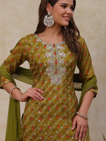 Bandhani Printed Gotapatti Embroidered Jacquard Kurta with Pants & Dupatta - Olive Green