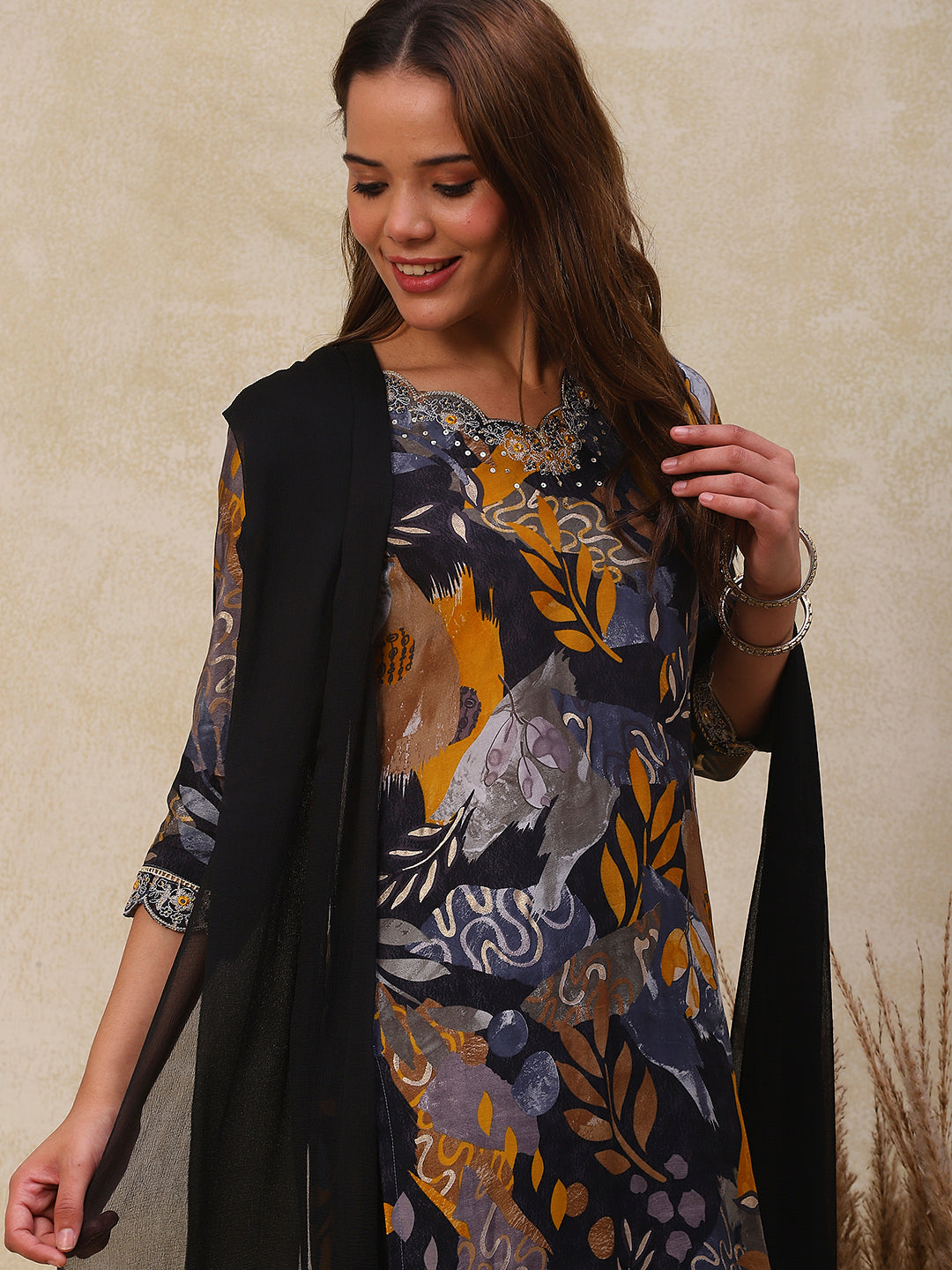 Floral Printed Mirror & Beads Embroidered kurta with Pants & Dupatta - Charcoal