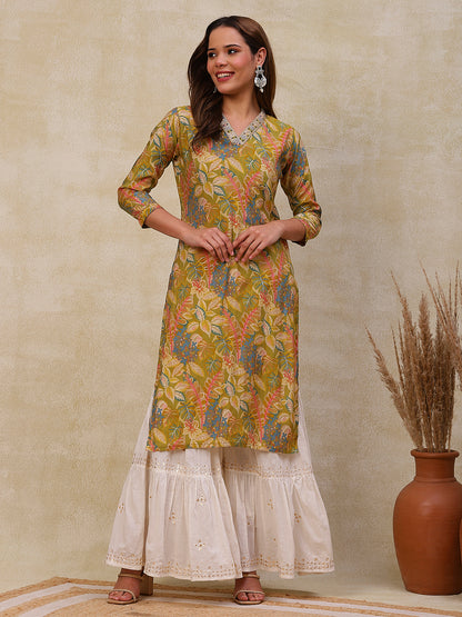 Floral Printed Zari, Resham & Sequins Embroidered Kurta - Green