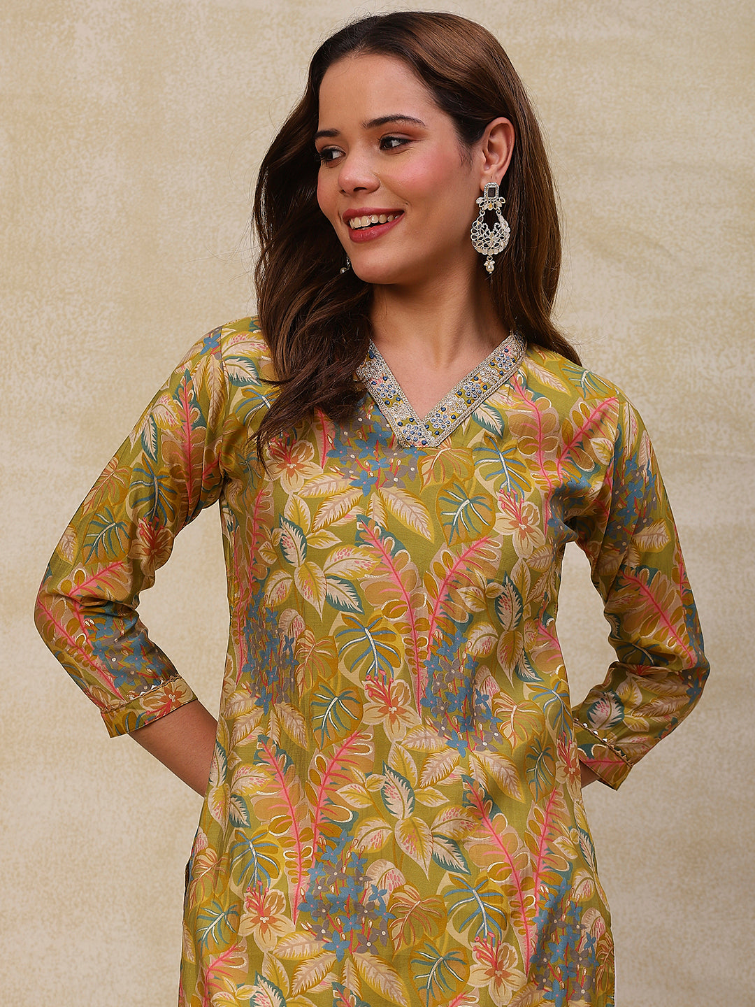 Floral Printed Zari, Resham & Sequins Embroidered Kurta - Green