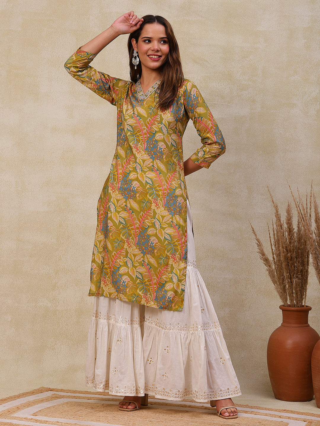 Floral Printed Zari, Resham & Sequins Embroidered Kurta - Green