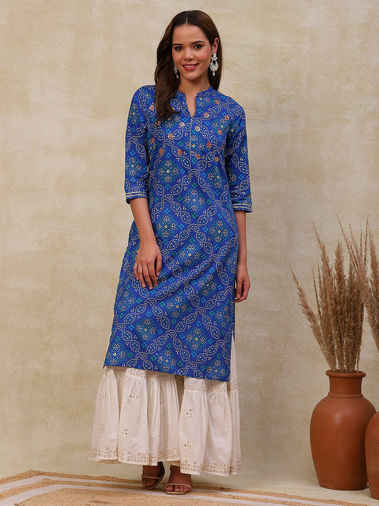 Ethnic Bandhani Printed Mirror & Cutdana Embroidered Kurta - Blue