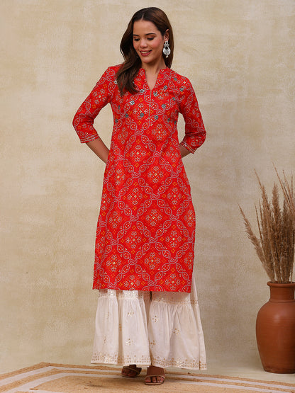 Ethnic Bandhani Printed Mirror & Cutdana Embroidered Kurta - Red