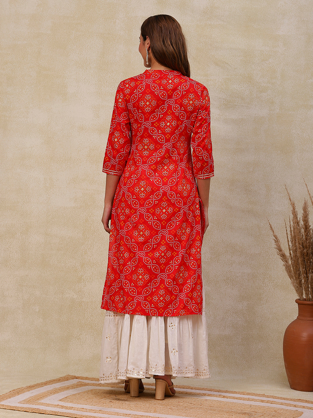Ethnic Bandhani Printed Mirror & Cutdana Embroidered Kurta - Red