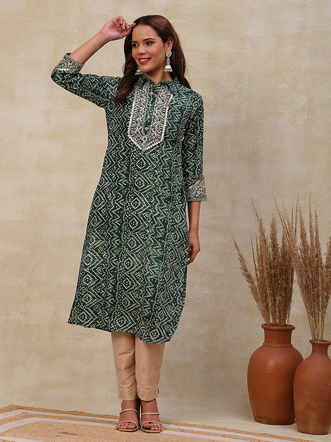 Ethnic Bandhani Design Printed Mirror & Zari Embroidered Kurta - Green