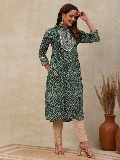 Ethnic Bandhani Design Printed Mirror & Zari Embroidered Kurta - Green