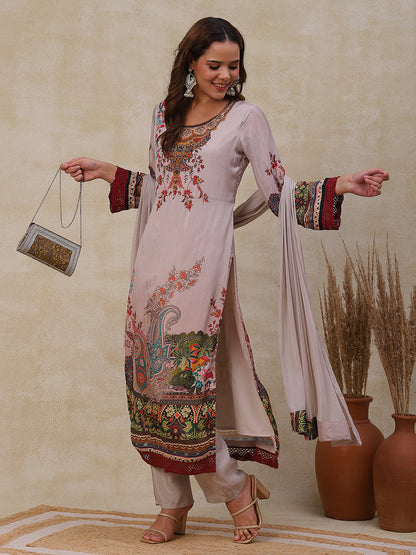 Floral & Ethnic Printed Beads Embroidered Kurta with Pants & Dupatta - Beige