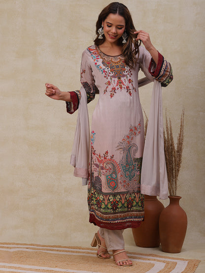 Floral & Ethnic Printed Beads Embroidered Kurta with Pants & Dupatta - Beige