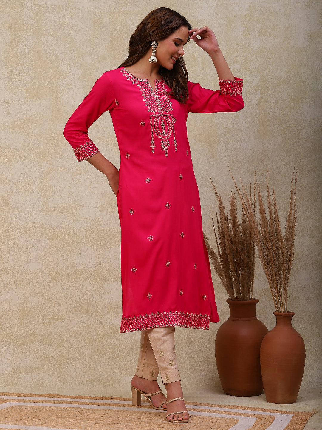 Solid Zari, Mirror & Sequins Embroidered Kurta - Pink