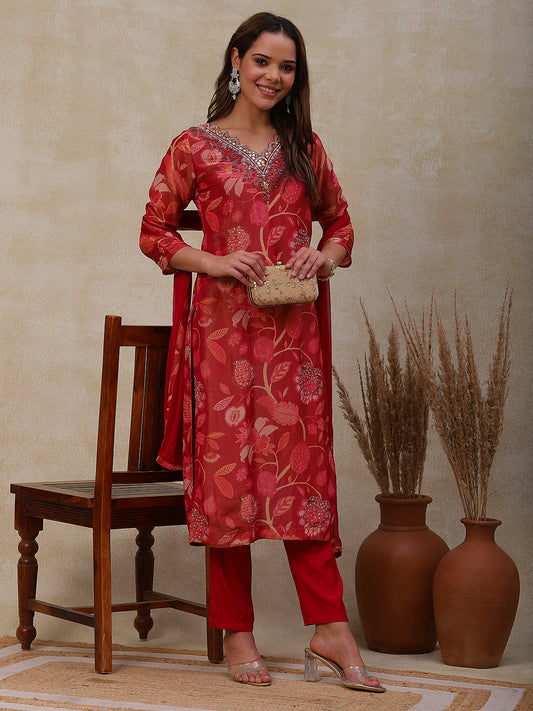 Floral Printed Mirror & Aari Embroidered shimmer Kurta with Pants & Dupatta - Dark Red