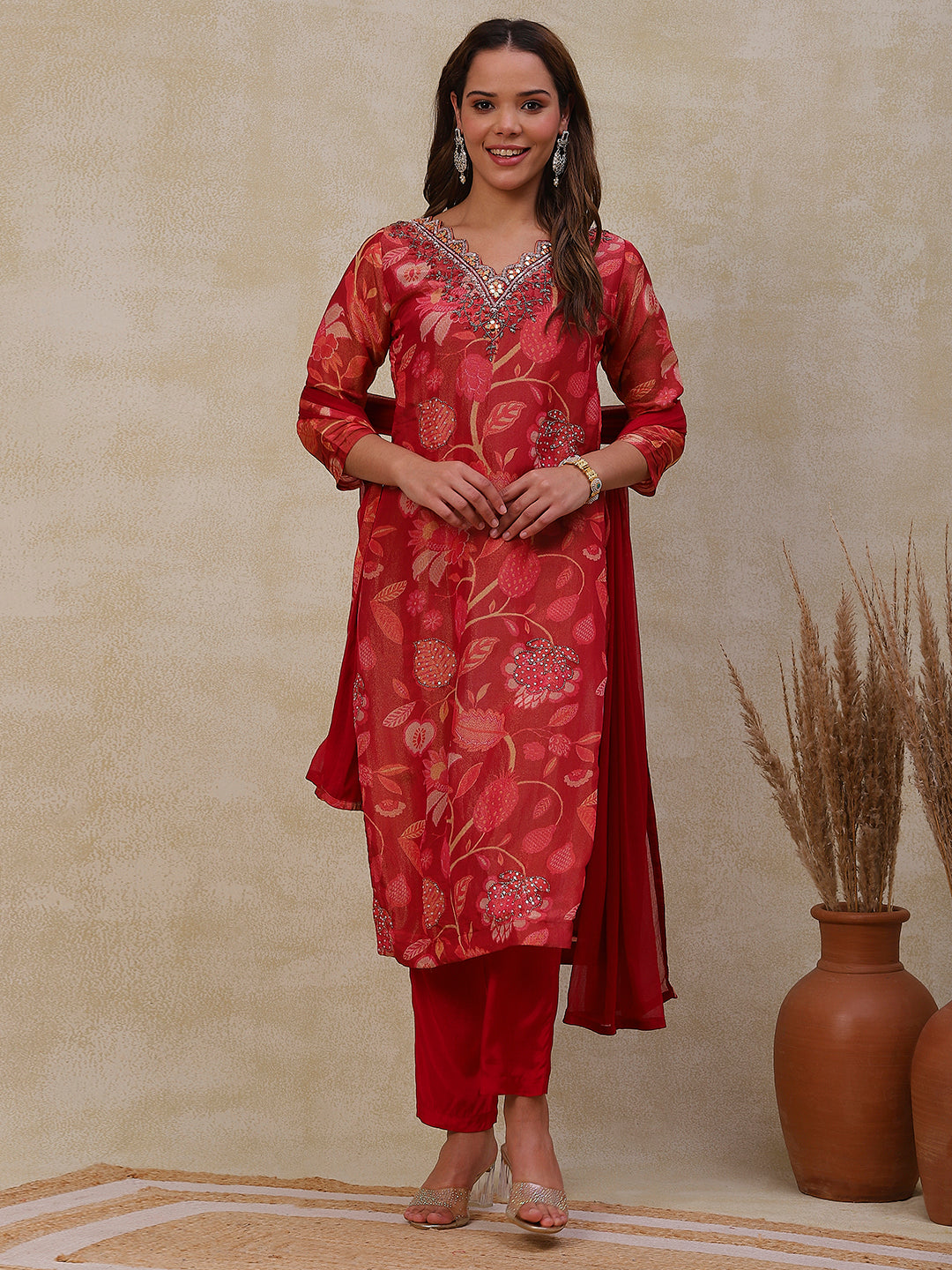Floral Printed Mirror & Aari Embroidered shimmer Kurta with Pants & Dupatta - Dark Red
