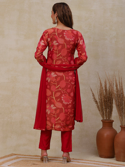Floral Printed Mirror & Aari Embroidered shimmer Kurta with Pants & Dupatta - Dark Red