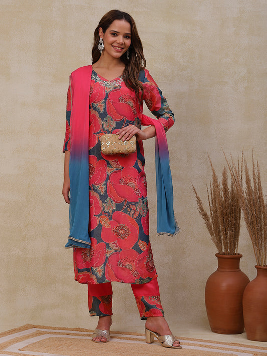 Floral Printed Zari & Cutdana Embroidered Shimmer Kurta with Pants & Dupatta - Peach Pink