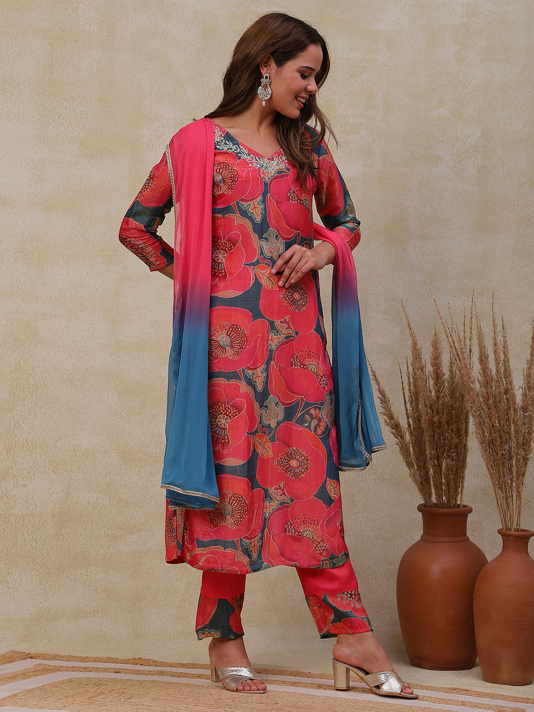 Floral Printed Zari & Cutdana Embroidered Shimmer Kurta with Pants & Dupatta - Peach Pink
