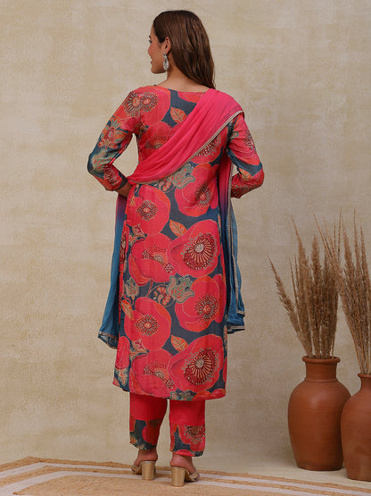 Floral Printed Zari & Cutdana Embroidered Shimmer Kurta with Pants & Dupatta - Peach Pink