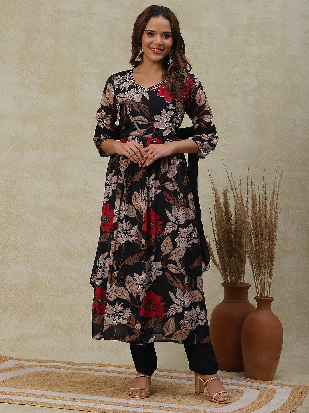 Floral Printed Mirror & Beads Embroidered Pleated Kurta with Pants & Dupatta - Black