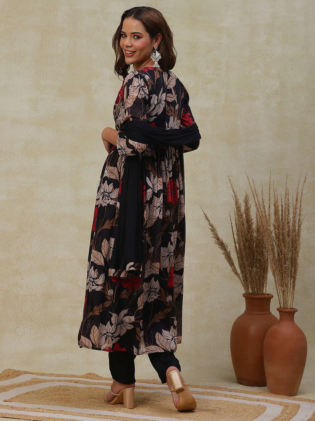 Floral Printed Mirror & Beads Embroidered Pleated Kurta with Pants & Dupatta - Black