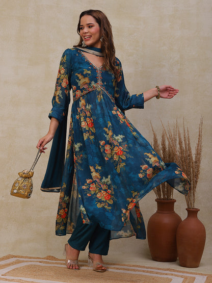 Floral Printed Mirror & Aari Embroidered Flared Kurta with Pants & Dupatta - Teal