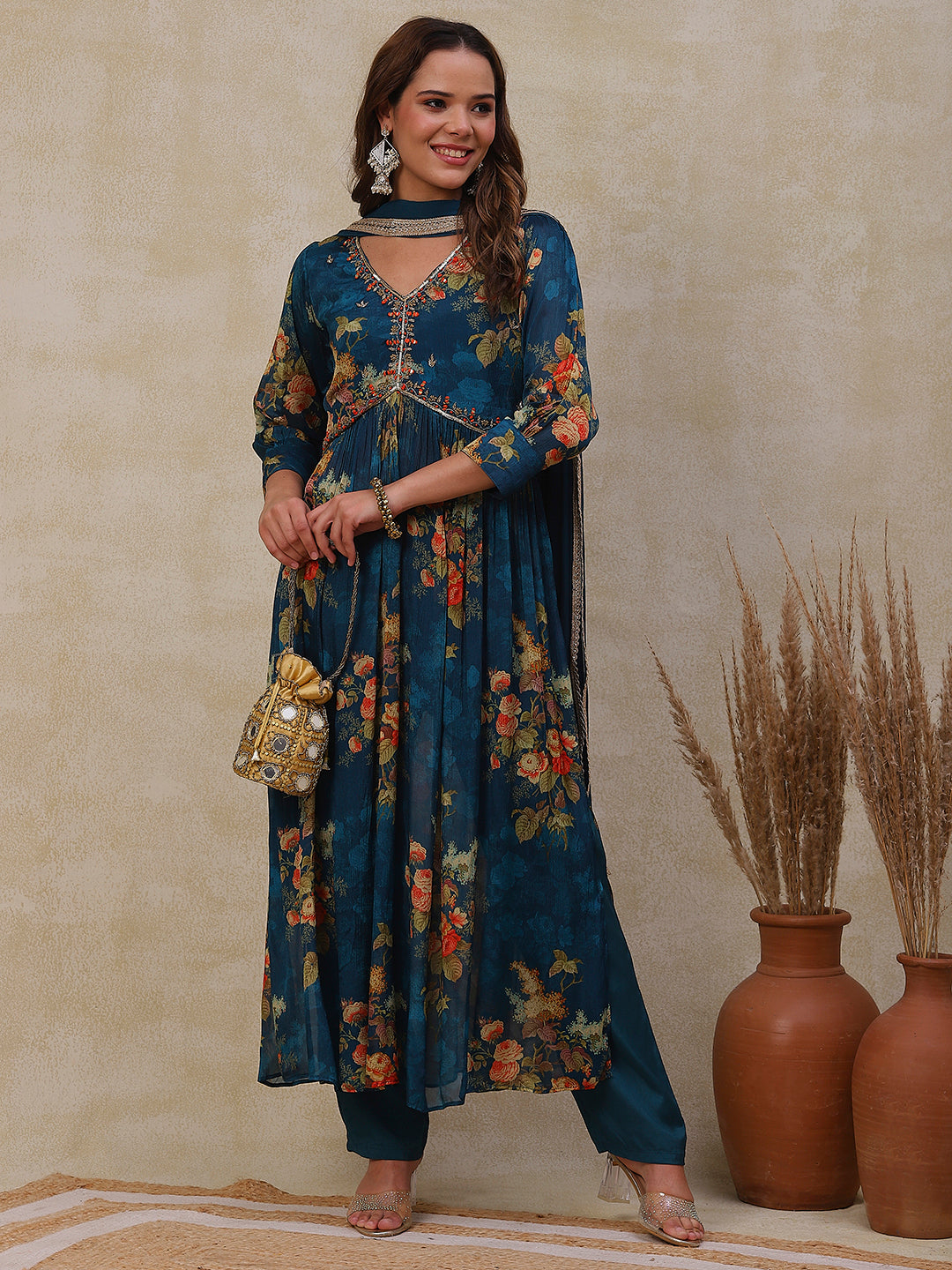 Floral Printed Mirror & Aari Embroidered Flared Kurta with Pants & Dupatta - Teal
