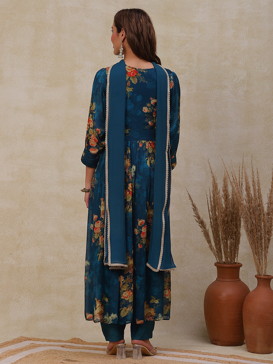 Floral Printed Mirror & Aari Embroidered Flared Kurta with Pants & Dupatta - Teal