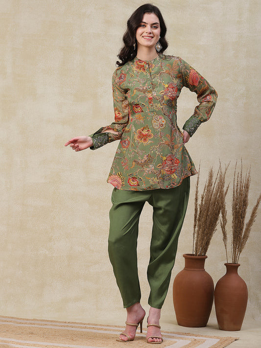 Floral Printed & Embroidered A-Line Kurta with Pant - Green