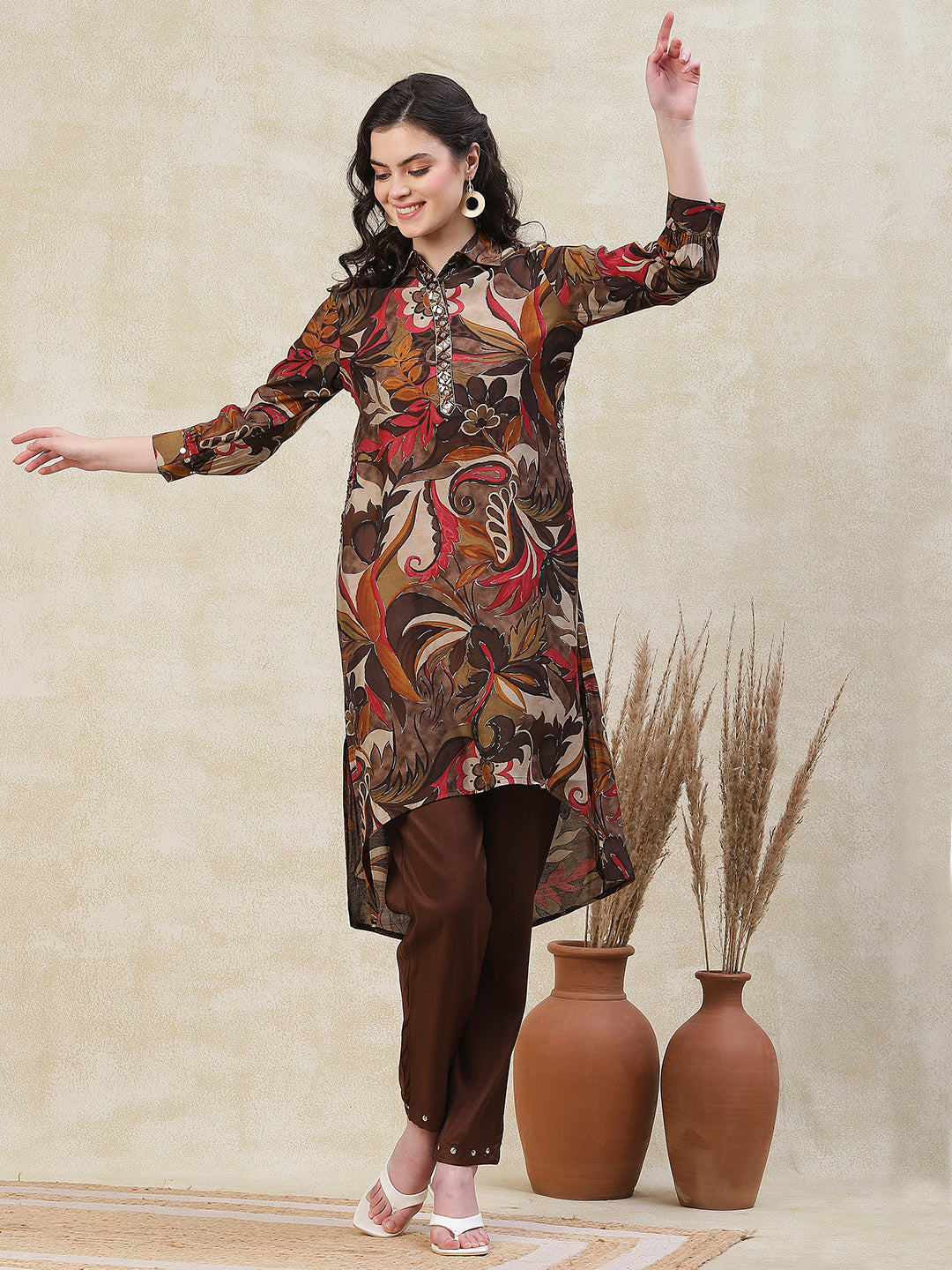 Floral Printed Straight Fit High Low Kurta with Pant - Brown