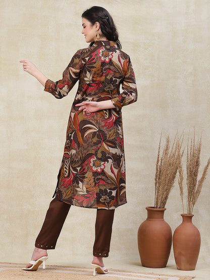 Floral Printed Straight Fit High Low Kurta with Pant - Brown