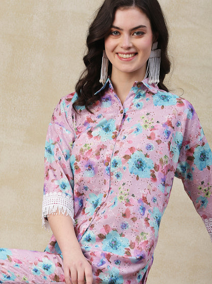 Floral Printed Schiffli High -Low Straight Shirt with Palazzo - Pink