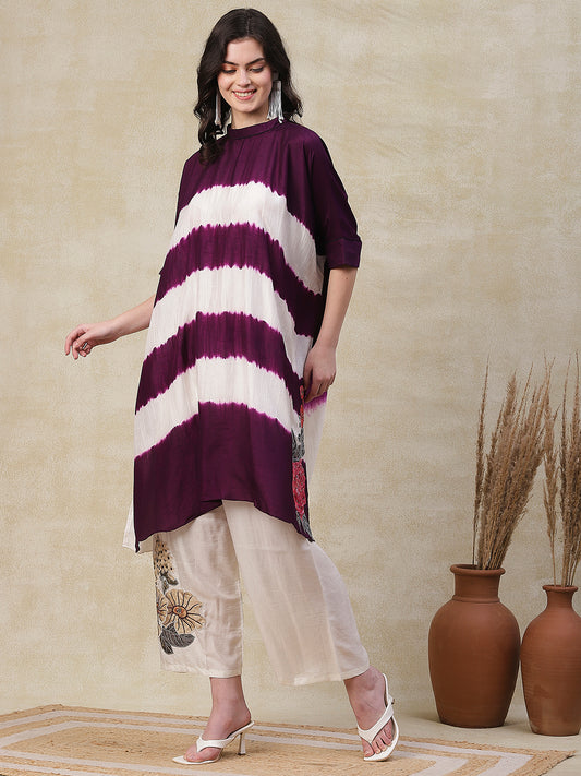 Tie - Dyed & Floral Embroidered Kaftan Kurta with Palazzo - Purple