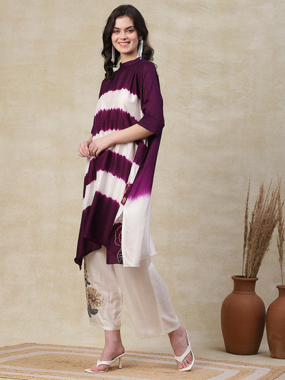 Tie - Dyed & Floral Embroidered Kaftan Kurta with Palazzo - Purple