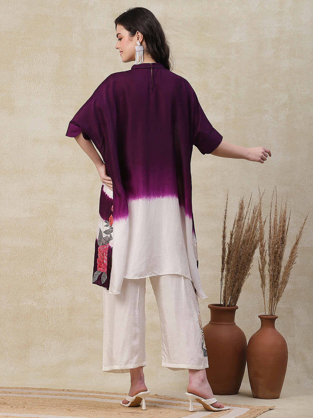 Tie - Dyed & Floral Embroidered Kaftan Kurta with Palazzo - Purple