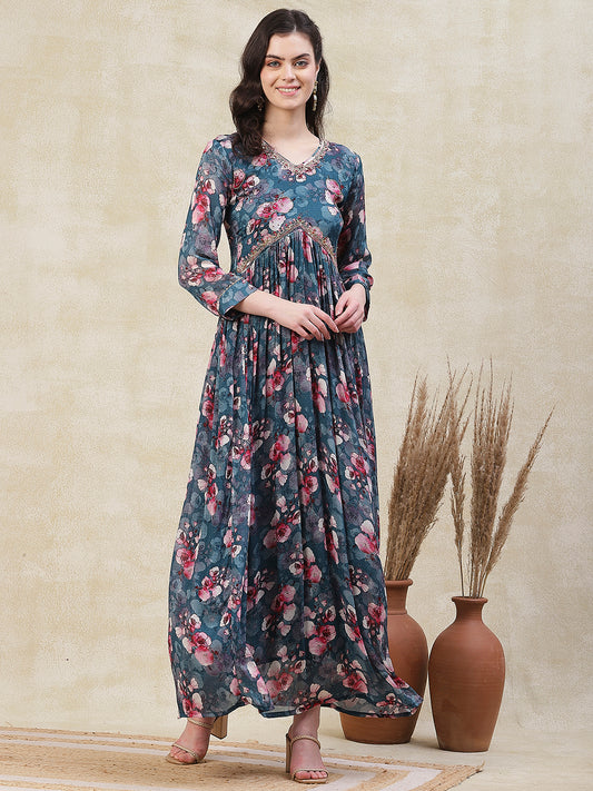 Floral Printed Mirror & Cutdana Embroidered Pleated Flared Maxi Dress - Blue