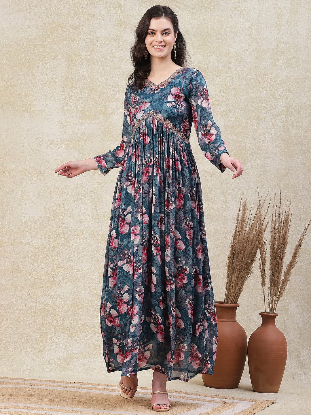 Buy Green Viscose Printed Floral V Neck Maxi Dress For Women by Bhanuni By  Jyoti Online at Aza Fashions.