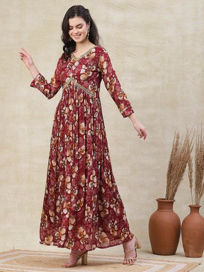 Floral Printed Mirror & Cutdana Embroidered Pleated Flared Maxi Dress - Maroon